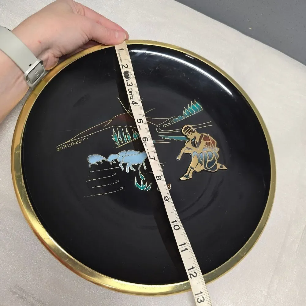 Vintage Jewish JERUSALEM Israel Metal Enameled Wall Plate Shepherd with sheep